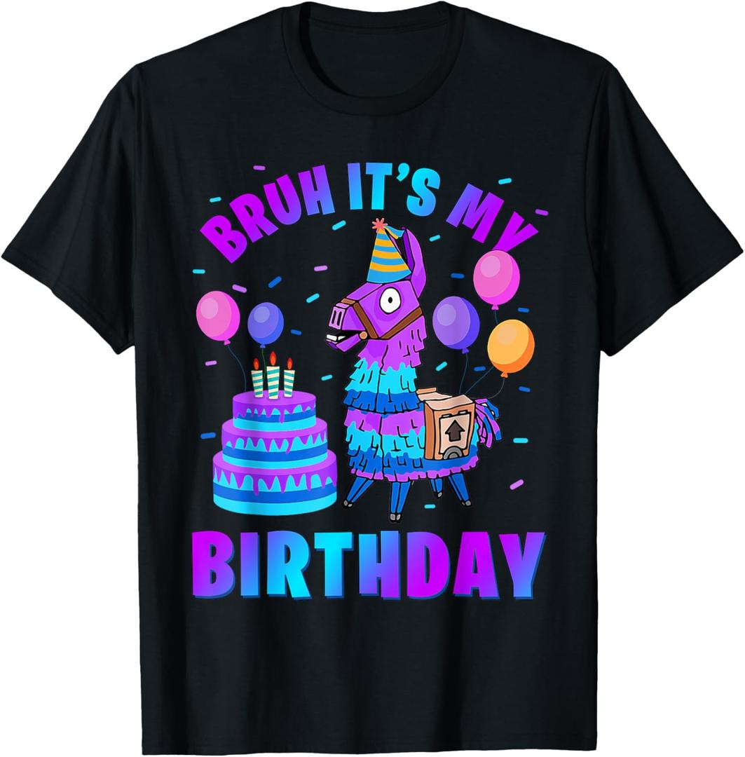 Bruh Its My Birthday Llama Pinata Boy Girl Family Bday Party T-Shirt (Large, Black)