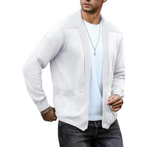 Men's Shawl Collar Long Sleeve Cardigan Knit Open Front with Pockets (White, L)