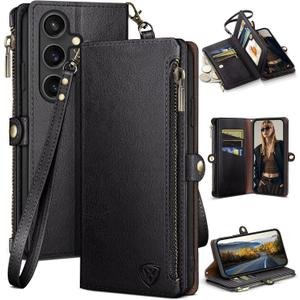 XcaseBar Compatible with Samsung Galaxy S25 Wallet case with Zipper Credit Card HolderRFID Blocking,Flip Folio Book PU Leather Phone case Shockproof Cover Women Men for Samsung S25 case Black