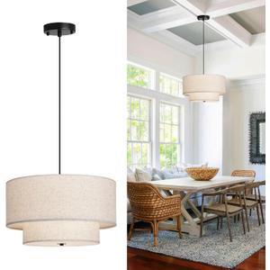 18" Modern Double Drum Fabric Pendant Light, Large Hanging Ceiling Chandelier Fixture with Dual Layer Fabric Shade, Ideal for Dining Room, Living Room, Bedroom, and Kitchen (Taupe)