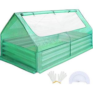Quictent 6x3x1ft Galvanized Raised Garden Bed with Cover Metal Planter Bottomless Box w/ 2 Large Screen Windows Mini Greenhouse 20pcs T-Tags 1 Pair Gloves Outdoor Growing Vegetables (Green)