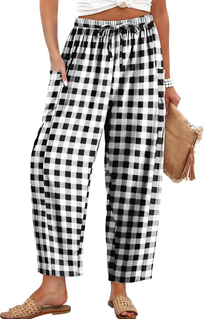 Angerella Womens Cotton Linen Palazzo Pants Drawstring Elastic Waist Harem Pants Casual Wide Leg Gingham Trousers with Pockets XX-Large