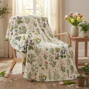 Horaldaily Spring Summer Flannel Blanket Throw, Green Plants Wild Flowers Soft Fuzzy Plush Cozy Fleece Blankets for Couch Sofa Bed Lounging, Ideal Gifts for Kids Adults Self, 50x60 (Beige)