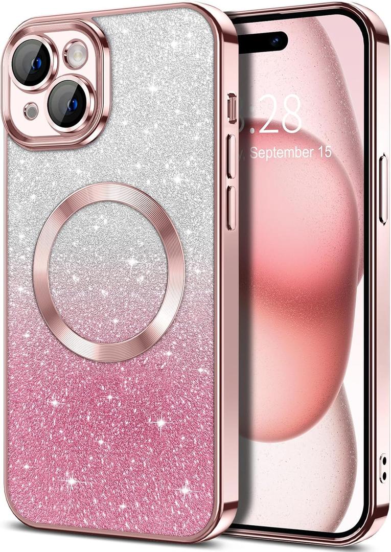 Hython for iPhone 15 Case Clear Magnetic Glitter Phone Cases [Compatible with MagSafe] Full Camera Lens Protector Slim Gradient Sparkle Luxury Plating Shockproof Protective Cover Women Girls, Pink