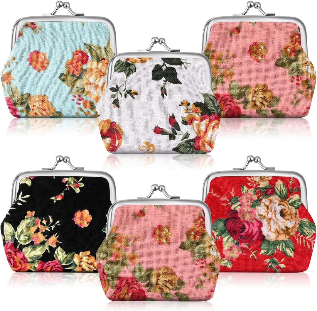 6 Pack Floral Canvas Small Coin Purse Mini Change Purse Coin Pouch Cash Wallet for Men Women Credit Card Lipstick(Fresh Color)