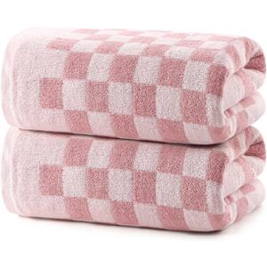 REDKISS 2 Piece Pink Checkered Bath Towels Set - 27x55 Highly Absorbent 600GSM Pink Cotton Towels for Bathroom Decoration, Retro Checkered Design