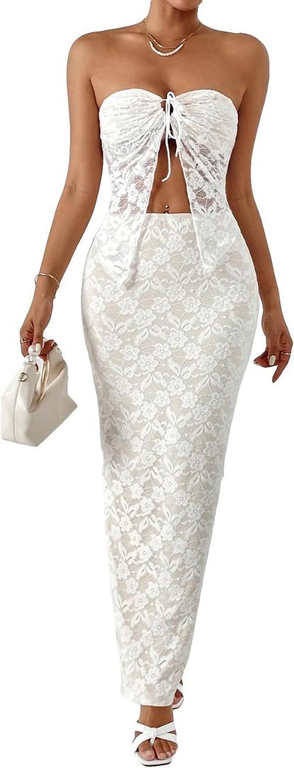 GORGLITTER Women's Two Piece Skirt Sets Outfits Lace Strapless Bandeau Tube Top and Summer Bodycon Long Maxi Skirt Set (White)