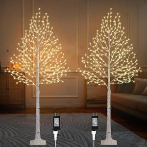 6FT Lighted Twig Birch Tree with Fairy Lights, 260 LED Birch Tree Lights with Timer for Indoor Outdoor Home Bedroom Party Christmas Decoration, Plug in, 2Pack