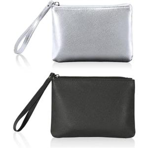 Pack of 2 Small Zipper Pouch Mini Makeup Bag for Purse Lipstick Cosmetic Travel Make Up Organizer for Women Essentials, Car Change Coin Holder 4.5 x 6.5 Clutch Stadium Approved Wristlet, Black Silver