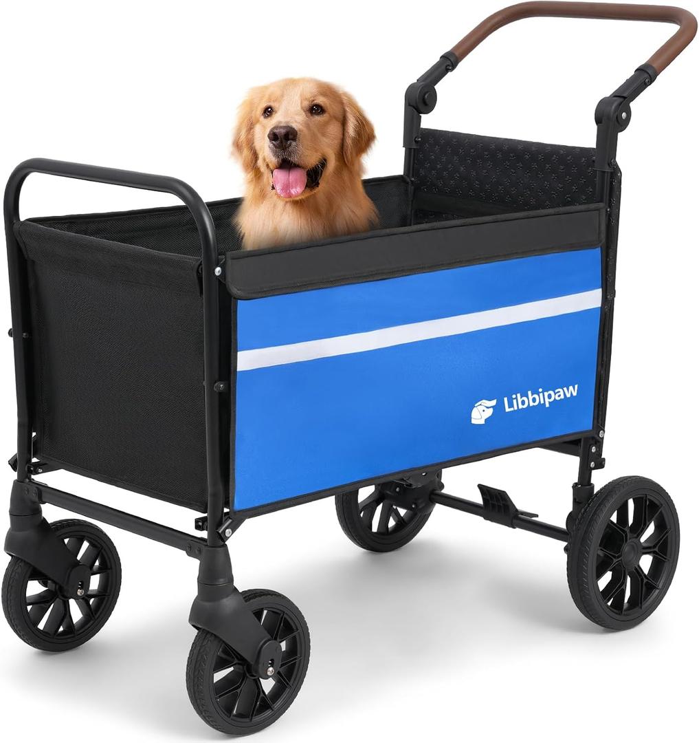 Dog Wagon for Medium Large Dogs up to 200lbs, All Terrain Foldable Large Dog Stroller with Ramp, Wagon for Dog with Adjustable Handle & One-Step Brake(Blue)