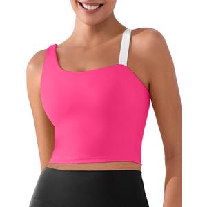 XUNYU Longline Sports Bras for Women One Shoulder Workout Tank Tops Built in Bra Open Back Yoga Top Athletic Gym Shirt (Size Large, Pink Push Up Yoga Crop Top)