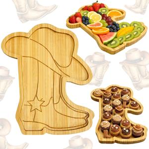 1Pcs Cowboy Birthday Party Decorations Wooden Boot Charcuterie Board Western Baby Shower Supplies Cowgirl First Rodeo Food Platter Fillable Tray Plates for A Little Cowboy is on the Way Party Favors
