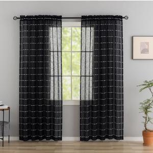 Conkov Sheer Black Curtains 90 Inches Long,Boho Style Faux Linen Curtains 2 Panels, Boho Embroidery Striped Drapes for Living Room, Bedroom,Rod Pocket Window Treatment Drapes for Decor, 52" W x 90" L