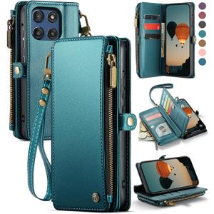 Defencase for Moto G Stylus 5G (2025 & 2026) Case, RFID Blocking Wallet Case for Motorola Moto G Stylus 5G 2026/2025 Leather Flip Strap Zipper Card Holder Phone Wallet Cases for Women Men, Blue Green