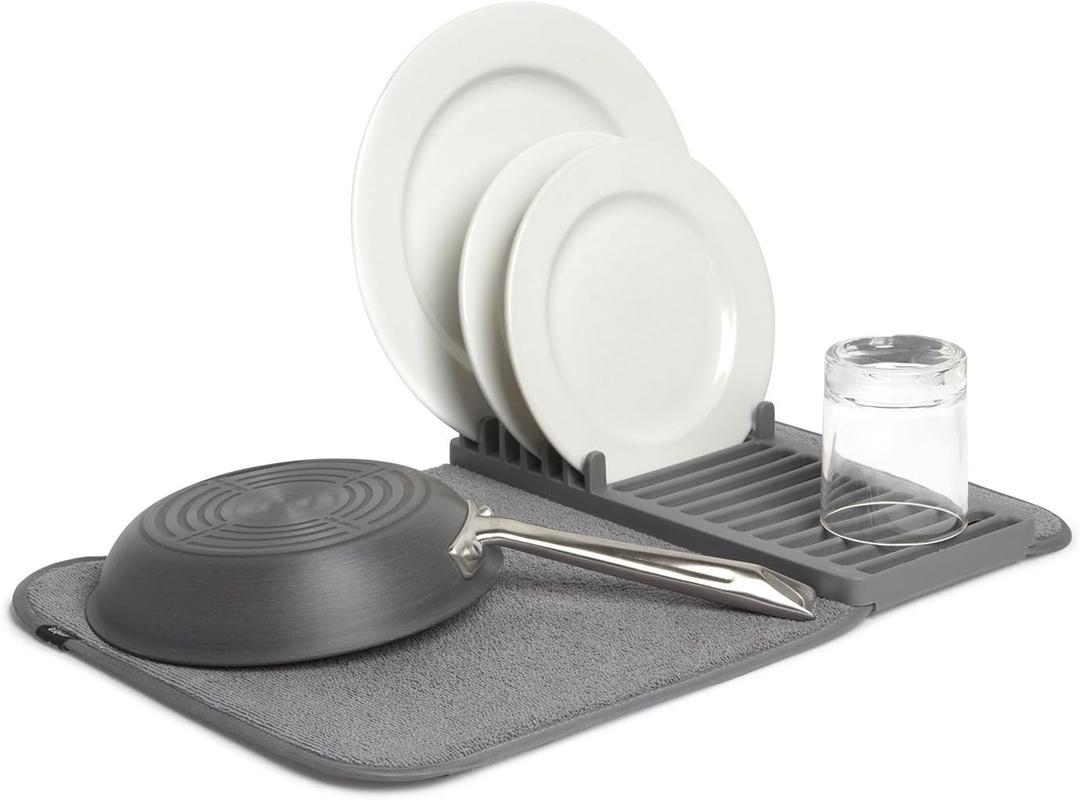 Umbra Udry Dish Rack and Microfiber Drying Mat  Space-Saving Design Folds Up for Easy Storage, Mini Rack, Gray