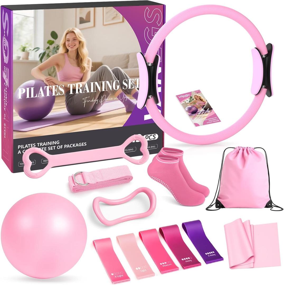 Pilates Kit 13Pcs Home Pilates Essentials Workout Kit with 13" Ring, 10" Ball and Resistance Bands for Women at Home Pilates Equipment Set for Beginners (Medium, pink)