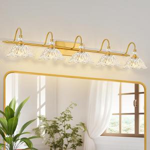 Gold Bathroom Vanity Light, 5-Light Brushed Gold Finish Vanity Light with Floral Clear Glass Shades, Vintage Wall Mount Lighting for Bathroom, Dressing Table