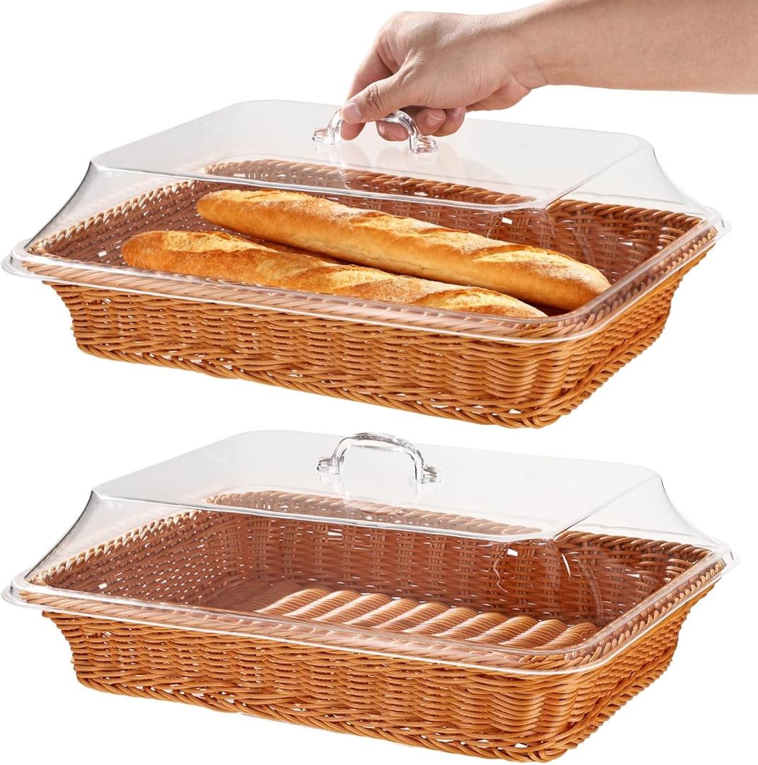 2 PCS Imitation Rattan Bread Baskets, 15.8 x 11.8 in Large Wicker Bread Baskets with Acrylic Lids, Rattan Food Serving Tray for Kitchens, Dining Tables, Restaurants
