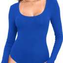 Roselux Womens Scoop Neck Long Sleeve Ribbed Knit Bodysuits Stretchy Basic T Shirt Body Suit Tops (Medium, Royal Blue)