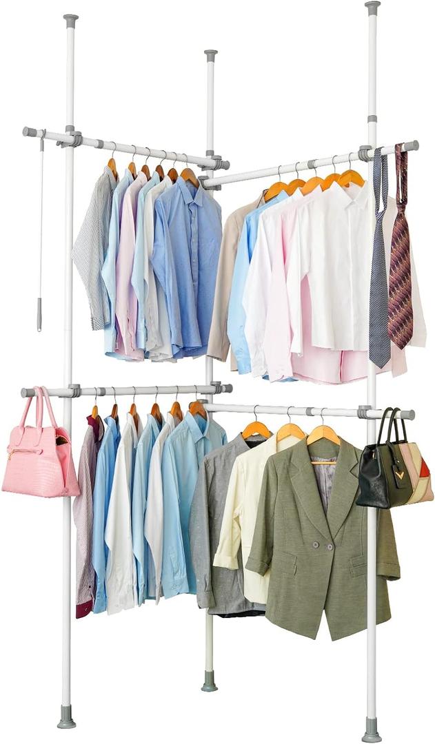 Double Clothing Rack, Adjustable Racks for Hanging Clothes, 2 Tier Clothes Heavy Duty Garment White Closet Freestanding System