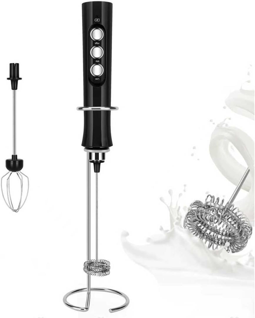 FoodVille MF02 Rechargeable Milk Frother Handheld Foam Maker with Stainless Whisk for Cappuccino, Latte, Bulletproof Coffee, Keto Diet, Protein Powder, Matcha (Dark Black)