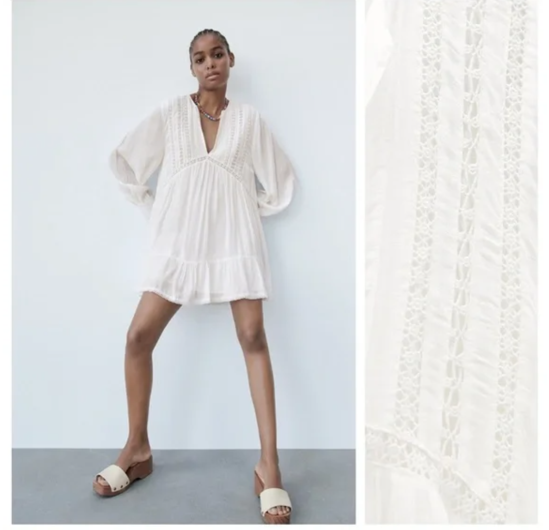 Zara White Viscose Mini Dress with Lace Insert. Size S
