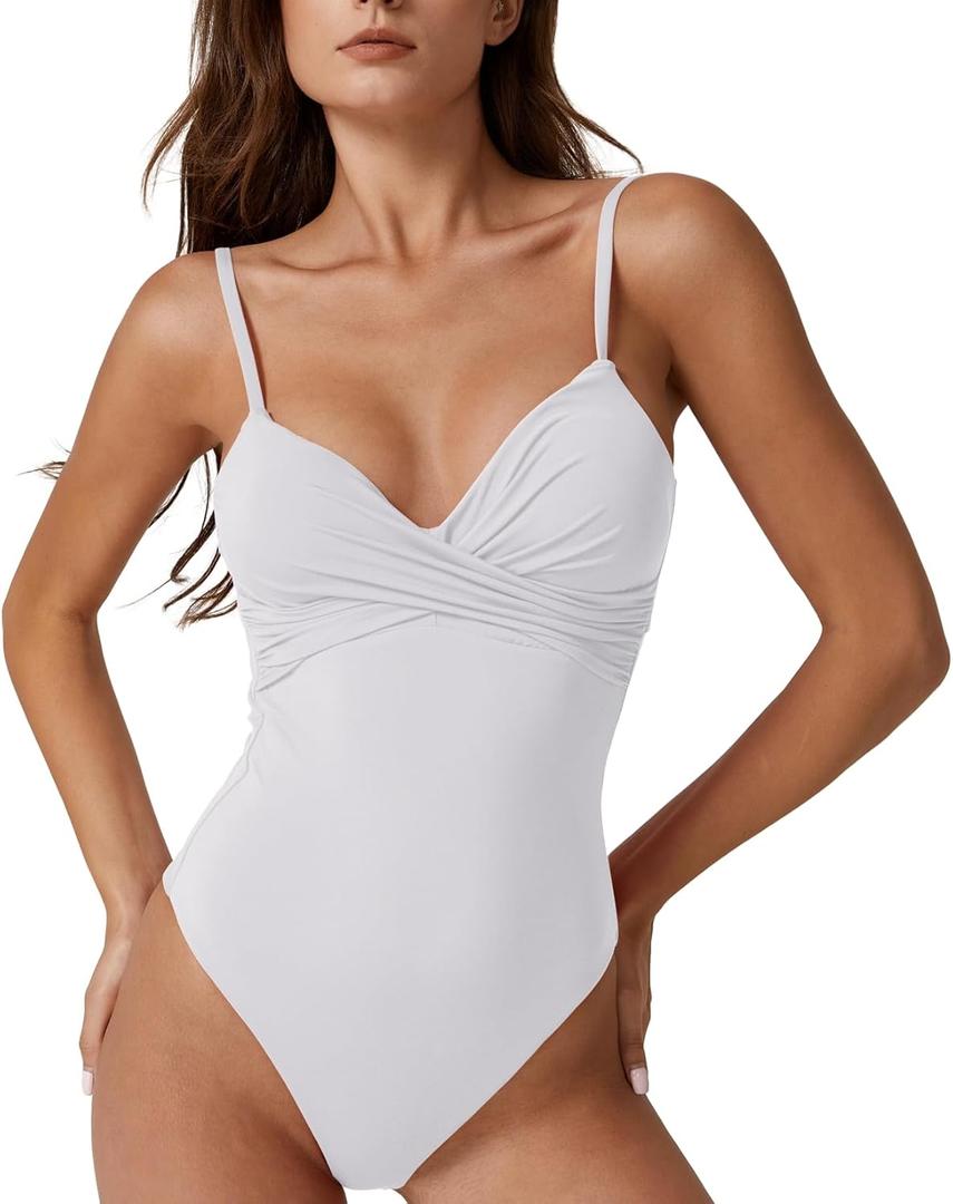 ESONALR Sexy One Piece Swimsuit for Women Adjustable Spaghetti Strap Cross Over Neckline High Leg Bathing Suits (White, XL)