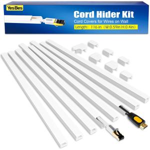 YesBes 116in Cord Hider Kit, Cord Covers for Wires on Wall, Cord Hider for Wall Mount tv, Paintable Cable Raceway, tv Cable Hider Wall kit, Wire Covers for Cords, W0.59in X H0.4in, White