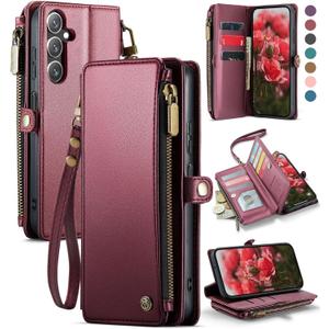 Defencase Compatible with Galaxy A16 5G Case Wallet with RFID Blocking Card Holder for Women and Men, PU Leather Magnetic Snap Flip Zipper Strap Wallet Phone Case for Samsung Galaxy A16/ 5G, Wine Red