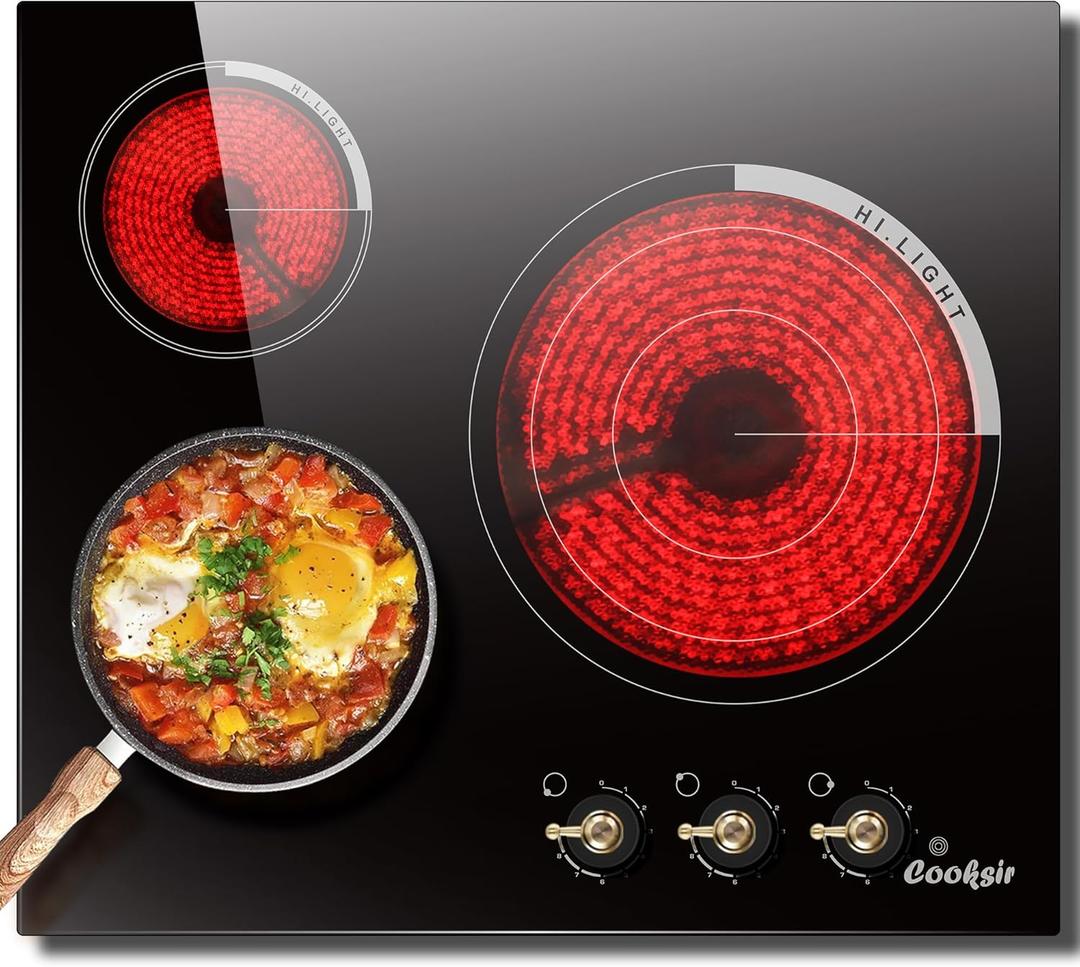 Cooksir Electric Cooktop 24 Inch - 3 Burner Built-in Electric Stove Top 5700W, Radiant Electrical Stovetop with 9 Heating Level, Knob Control, Over-Temperature Protection, 220V Hard Wired (No Plug)