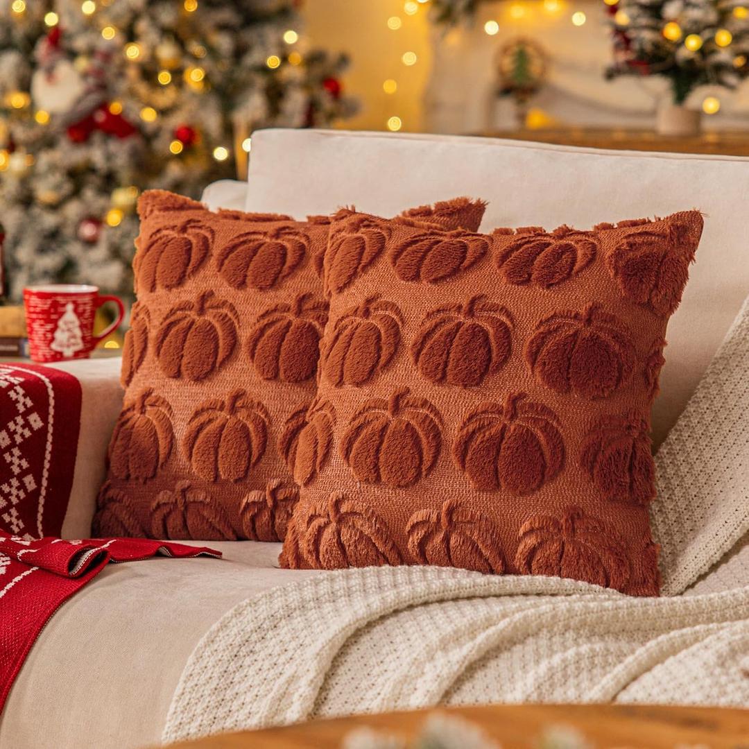 Rust Red Fall Pumpkin Decorative Throw Pillow Covers Set of 2, 18x18 Inch Soft Plush 3D Embroidered Halloween Pillow Covers for Fall Decorations Farmhouse Cushion Covers for Thanksgiving
