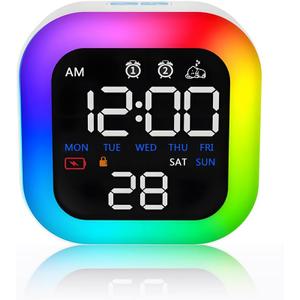 LED Intelligent alarm Clock with RGB Dynamic Ambient Lamp,Mobile Bluetooth Auto Sync To Time,Snooze,Touch Control Light,Sound Control,Mirror function And Dual Colors Display and Rechargeable.White