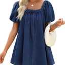 Denim Dress for Women, Puff Short Sleeve Jean Dress Square Neck Denim Romper with Pockets (Small, Dark Blue)