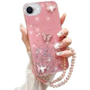 for iPhone 17e/16e Bling Case with Lanyard, Shockproof Cute 3D Butterfly Glitter Soft TPU Woman Girly Sparkle Shiny Phone Cover with Crystal Wrist Strap for iPhone 16/17e 6.1 inch (Pink)