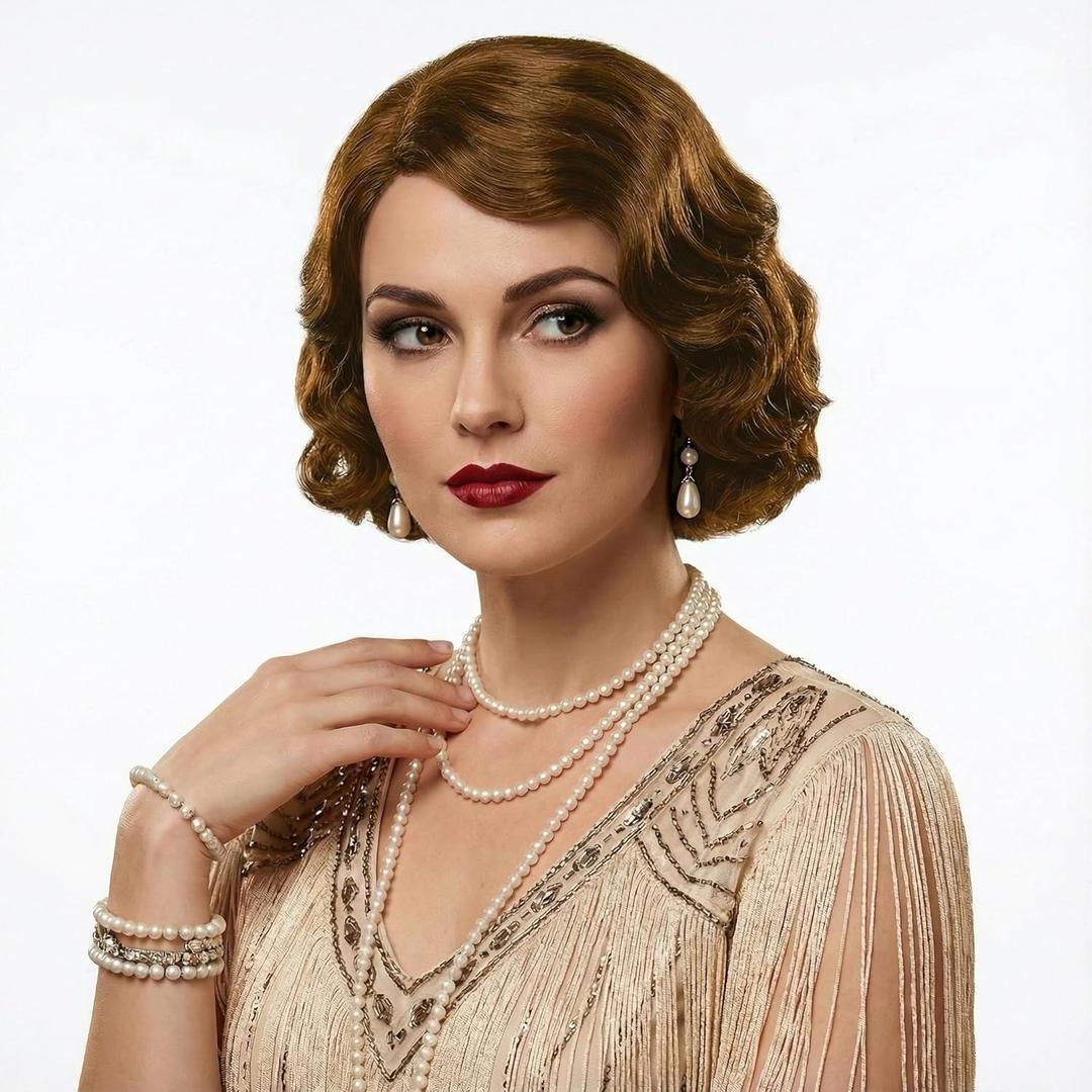 Short Brown 1920s Wig for Women Gatsby roaring 20s Finger Wave Party Synthetic Full Vintage Wigs for Womens Lady Cosplay Costume Fancy Dress 1920 Flapper Wig