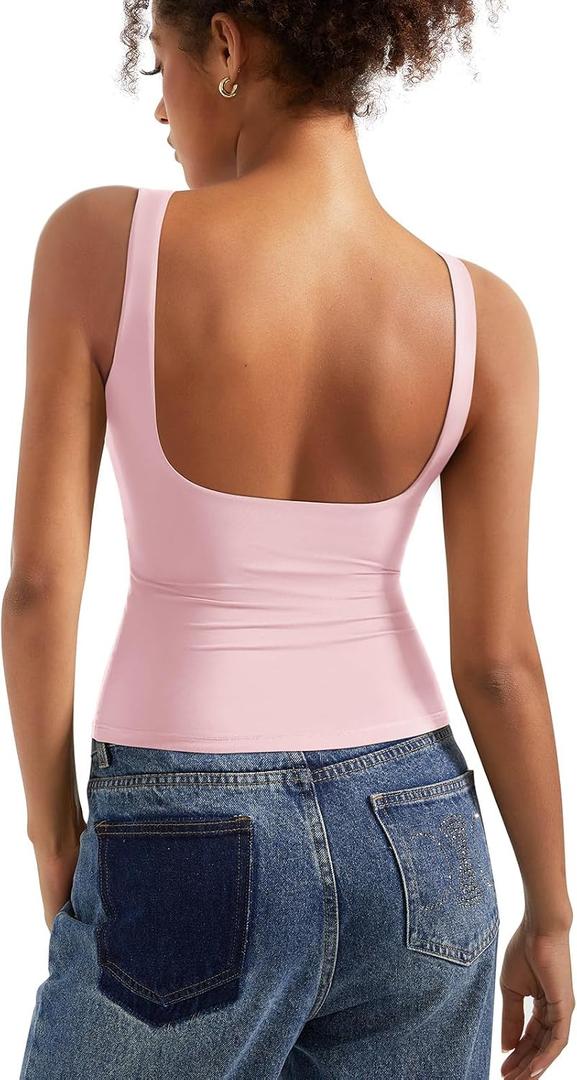 SUUKSESS Women Padded Open Back Boat Neck Tank Tops Double Lined Basic Shirts, M