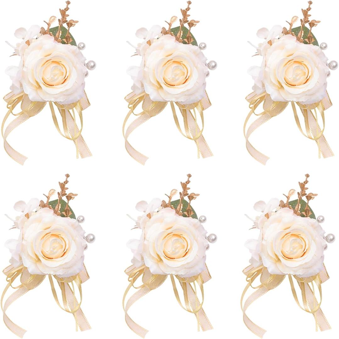 Champagne Boutonniere for Men Wedding, Set of 6, Groom and Groomsmen Boutonniere for Wedding Ceremony Anniversary Party, Rustic Fall Wedding, Artificial Rose Boutonnieres Prom Suit Decorations