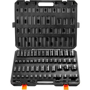 VEVOR Impact Socket Set 3/8" & 1/2" Socket Set 59PCS SAE 5/16" to 1-1/4" and Metric 6-32mm, 6 Point Cr-Mo Alloy Steel for Auto Repair, Easy-to-Read Markings, Rugged Construction, Storage Case