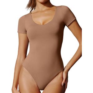 IUGA Bodysuits for Women Tummy Control Short Sleeve V Neck Body Suits for Womens Compression Slimming Thong Bodysuit (Medium, Latte)