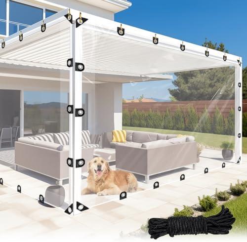 LC&QS Clear Tarps Heavy Duty Waterproof, 8x10ft Upgraded Edge Heat Fused Tear Resistant, Clear Tarps with Grommets for Patio Fencing, Rain, Wind, Cold, Chicken Coops, and More（Windproof Rope), 1 Piece