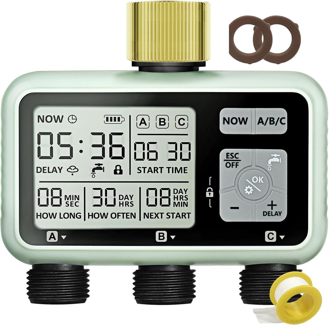 Watering Timer 3 Zone with Brass Inlet, Sprinkler Timer, Programmable Garden Outdoor Hose Faucet Timers with Rain Delay, Auto & Manual Watering System,Water Hose Irrigation Timers 3 Outlet for Garden