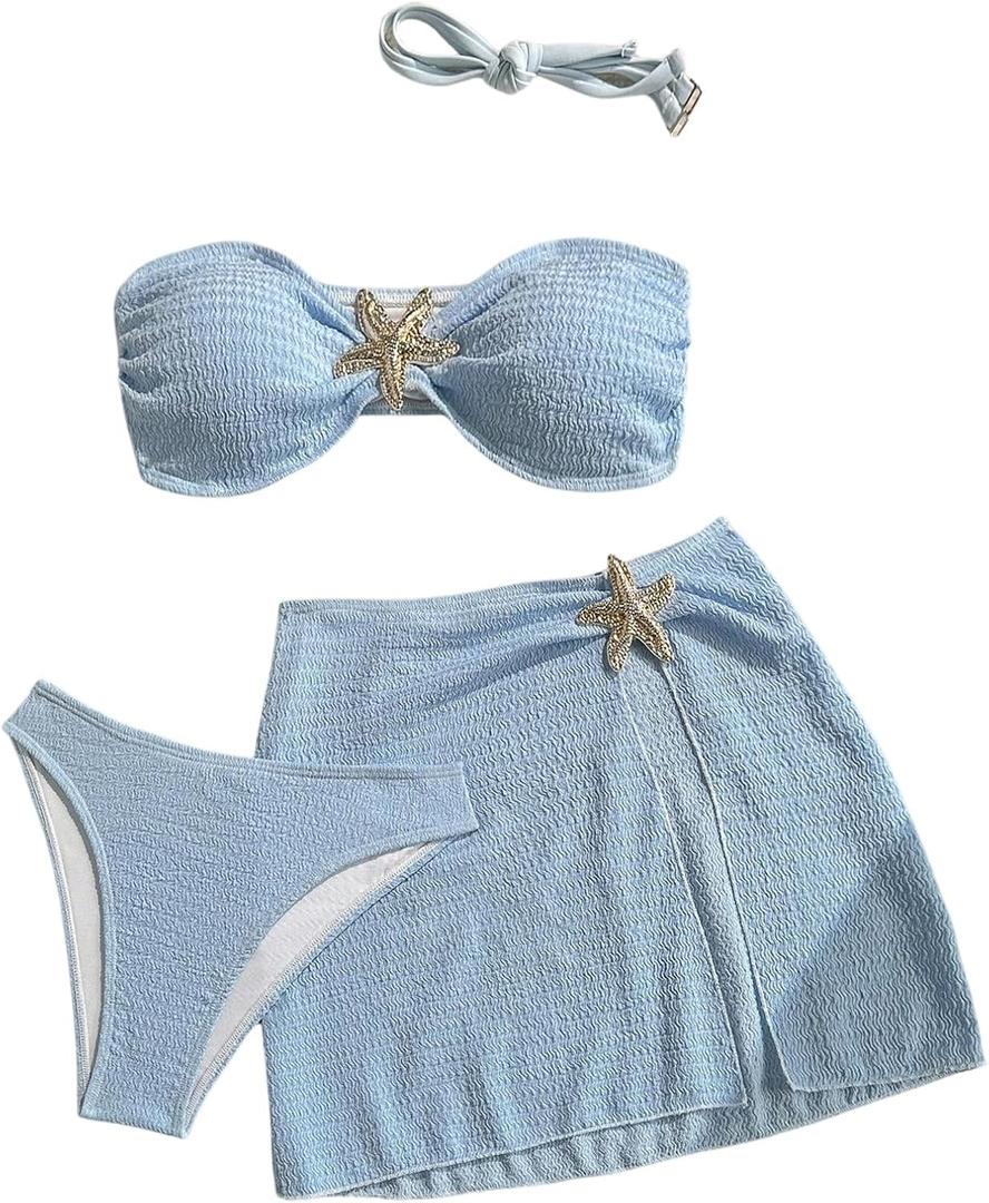 Milumia Women's 3 Piece Swimsuit Starfish Textured Strapless Bandeau Bikini Sets with Slit Skirt Cover Up (Blue, S)