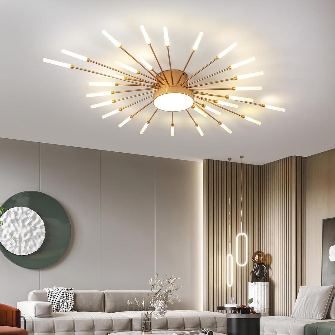 JAYMP 41.3" Ceiling Light Modern Flower Shape Ceiling Lamp for Living Room Dining Room Flush Mount Metal Acrylic Sputnik Firework Petal LED Lighting Fixture (Matte Gold, 28+1 Lights)