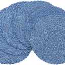 Floroom 15 Inch Round Braided Placemats Set of 6, Washable Heat Resistant Cotton Polyester Circle Boho Place Mats for Kitchen Dining Table - Seascape Blue