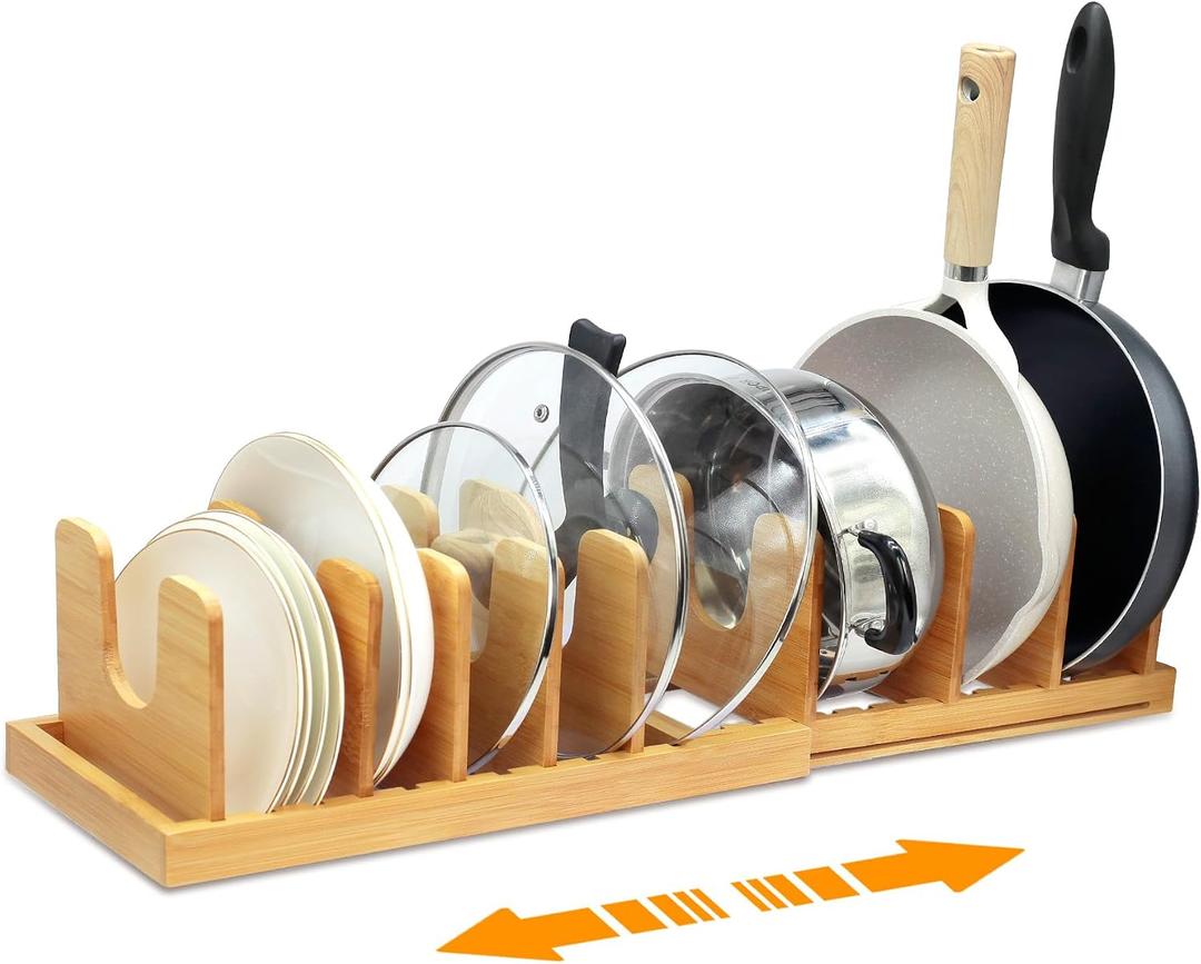 MinBoo Bamboo Expandable Pot Lid Organizer, Pot and Pan Organizer Drawer Organizer for Pot Lids, Adjustable 10 U-Shaped Dividers for Kitchen Cabinet Organizers and Storage (Bamboo-1)