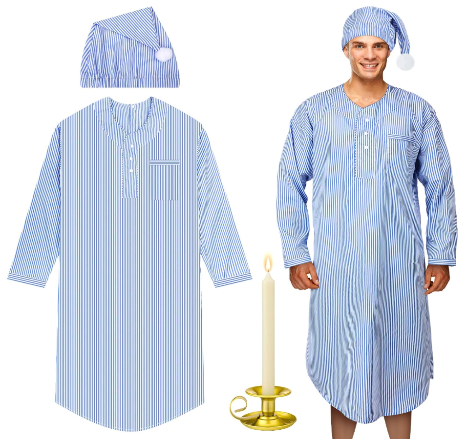 Toulite 4 Pcs Christmas Men's Pajama Set Nightshirt Sleeping Cap Candle Holder Candle Nightgown Gown Costume for Xmas Holiday(Medium)