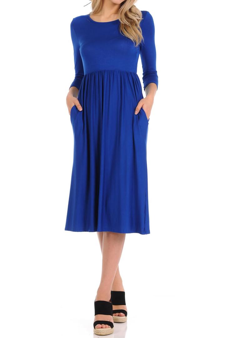 iconic luxe Women's Fit and Flare Midi Dress with Pockets Medium Royal Blue (Blue, M)