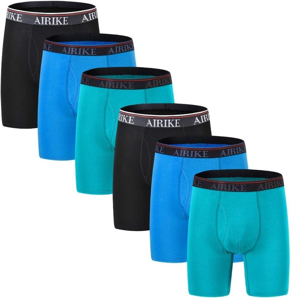 AIRIKE Boxer Briefs Men Pack Long Leg Soft Black Underwear Big Size and Tall Underpants (L)