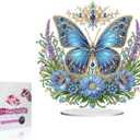 Koikify Diamond Painting Tabletop Ornament, DIY Crystal Diamond Art Kit with Blue Floral Butterfly, Stand Up Gem Painting Craft for Home & Office Decor (9.45 x 9.09 Inch/24 x 23.1 cm)