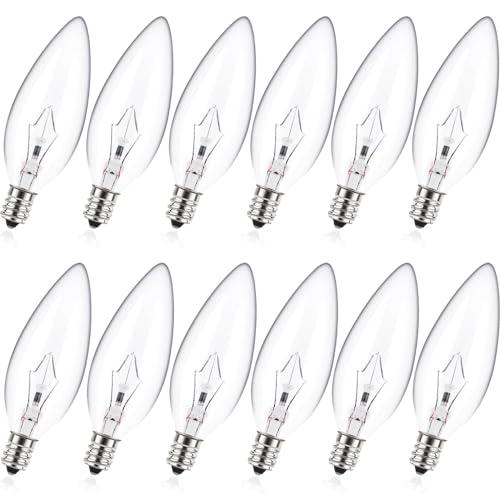 MEQIQTEK E12 60 Watt Incandescent Candle Light Bulbs, Chandelier Light Bulbs for Ceiling Fan, Vanity, Outdoor - Warm White 2500K, 500 Lumen Dimmable B10 Clear Candelabra Base Bulbs (12 Pack)
